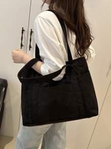 Double Handle Corduroy Shopper Bag, Minimalist Style Women Bag School Bag,Back To School Backpack,Large Capacity,Laptop Compartment,Portable, Suitable For Teen Girls Women College Students, Perfect For Back To School,College,Middle School, High School, Fashionable Tote Bag With Zipper, Perfectly Matching With Fall Outfits Women - Black - View 3