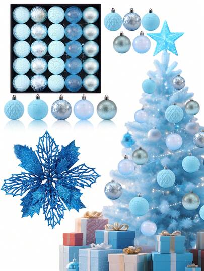 25pcs Blue Christmas Ball Tree Ornament Set, Shatterproof Christmas Ornament Balls, Plastic Decorative Ball Set, Christmas Tree Hanging Balls, Holiday Wreath Decor