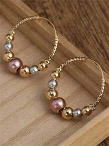 1 Pair Bohemian Style Metal Beaded Hoop Earrings, Suitable For Women's Daily, Party, Travel Jewelry Gift
