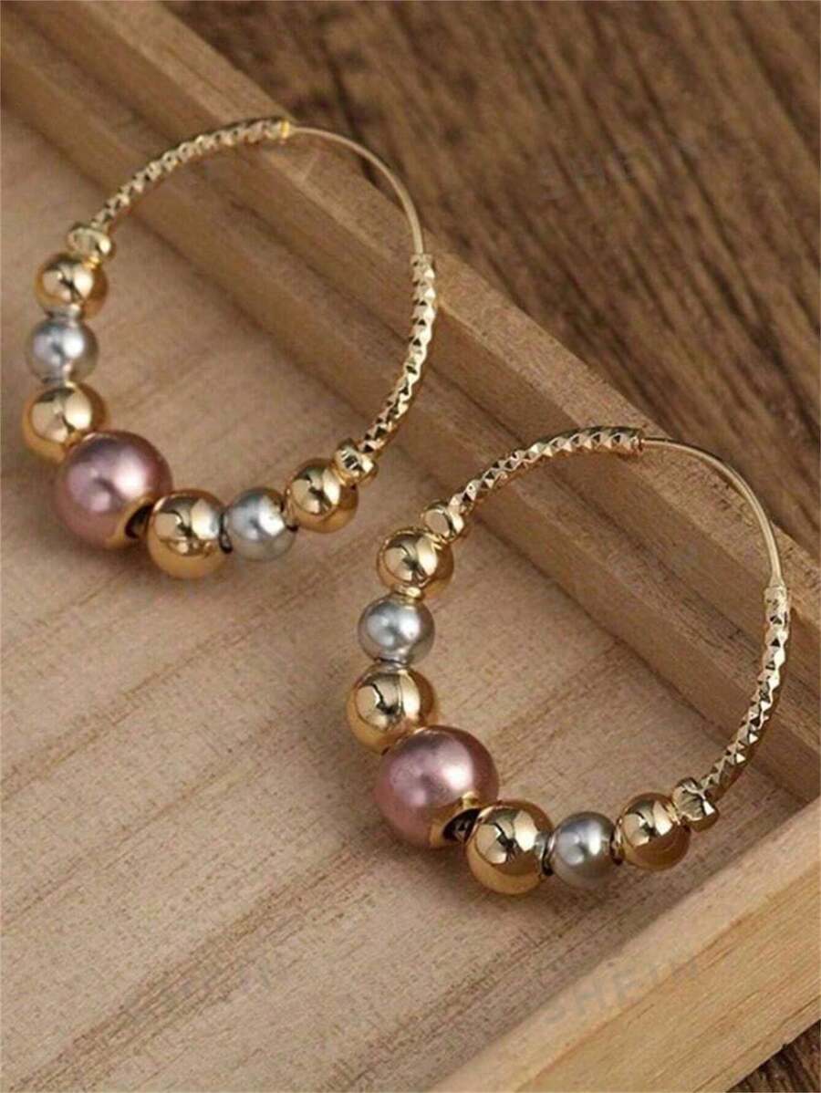1 Pair Bohemian Style Metal Beaded Hoop Earrings, Suitable For Women's Daily, Party, Travel Jewelry Gift
