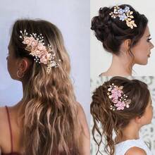 4 Pieces Pink Bridal Flower Wedding Hair Pins Pearl Hair Pins Clips Headpiece Gold Wedding Hair Accessories Jewelry With Brides Bridesmaids Women Girls Updovalentine's Day SEMZ - 藍色 - 查看 2