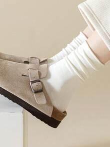 1/6 Pairs Women Melon Color Solid Cuffed Simple Versatile Comfortable Elastic Casual Socks, Suitable For Home, Spring/Autumn/Winter, Thermal Lined Mid-Calf Socks