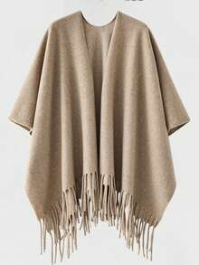 1 件优质仿羊绒燕麦色超大披肩开衫，女士冬季保暖围巾 - 米色 - 查看 2