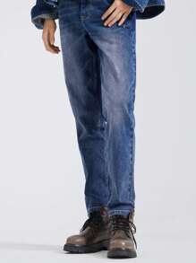 CAMEL CROWN Men's Straight Jeans Autumn And Winter Slim Stretch Casual Wide-Leg Trousers - Blue - View 2