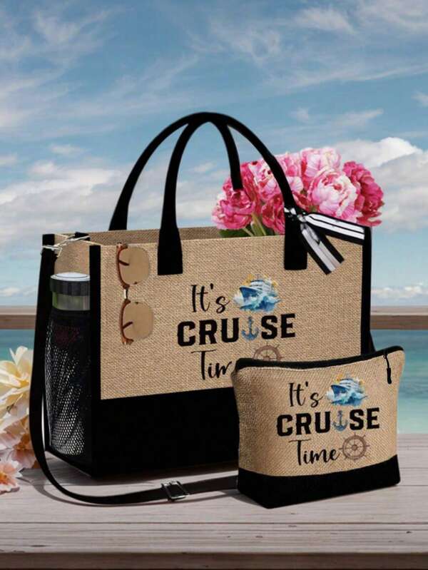 1/2 Stücke Buchstaben & Cartoon Kreuzfahrtschiff Themen Leinen Strandtasche, Clutch, Damen Handtasche, Kosmetiktasche, leicht faltbare Aufbewahrungstasche, geeignet für Strandurlaub und als Geschenk