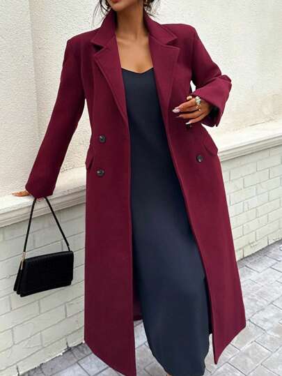 DEEKA Women's Solid Color Turndown Collar Double-Breasted Woolen Coat, Autumn/Winter