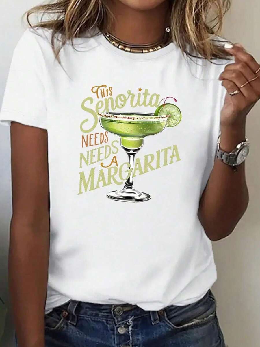 100% Pure White Cotton   T-Shirt  Women's Margarita Cocktail Printed T-Shirt With "This Señorita NEEDS A MARGARITA" Text Slogan, Loose Short-Sleeved  Top For Everyday Casual Outfits - Machine Washable Women's Clothing