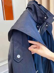 1pc Solid Color Woven Fabric Drawstring Pocket Front Button Trench Coat, Casual Spring/Autumn - Navy Blue - View 4