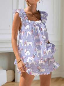 Womens Pajamas Set Bow Floral Print Ruffle Sleeveless Tank Top And Shorts Sleepwear Set Summer 2 Piece Outfits Women Floral Print Pajama Sets 2 Piece Lounge Set Ruffle Trim Sleeveless Top And Shorts Pjs Sleepwear - 紫色 - 查看 4