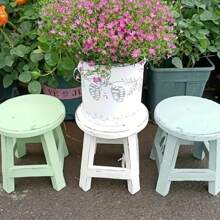 Vintage Style Wooden Flower Stool - Oval Stool With Worn Surface, White, Blue, Green, Perfect For Garden, Balcony Or Interior Decoration, Garden Stool | Vintage Decor | Durable Wooden Stools, Flower Stands