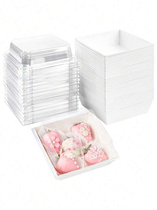 50 paquetes de pequeñas cajas de charcutería con tapas transparentes, contenedores de papel desechables para llevar de 4x4 pulgadas, cajas para pasteles, galletas, pasteles, mini pasteles, fresas, dulces de chocolate, fiestas navideñas, eventos festivos de Halloween, regalos, celebraciones de cumpleaños, recuerdos de boda, baby showers y meriendas de oficina (blanco)