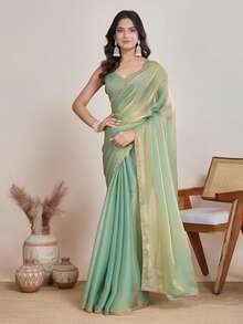 Estationeryhouse Designer Shiny Two Tone Soft Tissue Silk Saree With Antique Embroidered Border, Blouse Piece Included - 綠色 - 查看 2
