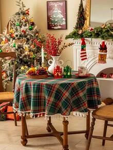 1pc Christmas Green Plaid Tablecloth, Round Table Cover, 47/55inch Diameter, Thick Woven Brushed Fabric, Suitable For Home, Kitchen, Dining Room, Dinner, Gathering, Holiday, Party, Autumn, Christmas, New Year Decoration, Happy New Year