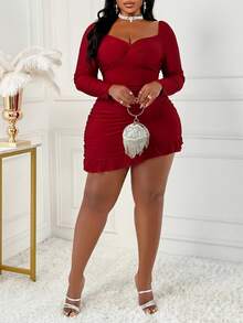 BIUBIU Robe courte moulante de couleur rouge avec encolure en cœur, design plissé, ourlet asymétrique. Robe de soirée élégante. Cœur d'amour/amant XOXO/Baisers Câlins et baisers Sois à moi Bébé/Baiser Cœur Cupidon/Ange - Framboise - Voir 5