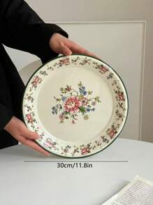 1 Stück Blumen-Emaille-Teller, französischer vintage Blumen-Frisch-Blau Dessert-Teller, Retro-Teller für Pasta, Frühstück, Obst, Suppenlöffel, geeignet für Restaurant, Wohnzimmer, Küche, Geschirr