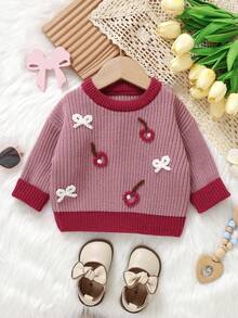 Baby Girls' Round Neck Long Sleeve Pullover Sweater, Cherry + Bow Embroidery, Fashionable And Sweet Style - Pink - View 2