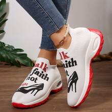 Women's Mid-Top Sports Shoes With Air-Cushioned EVA Sole, "Walk By Faith" And Red Accents - Slip-On Casual Shoes Suitable For All Seasons, Hand-Washable Knitted Fabric, All-Season Footwear, Bold Pattern Design, Air-Cushioned Shoes - 紅色 - 查看 3