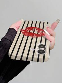 1pc Minimalist Striped Red Lip Pattern Glossy Hard Phone Case Compatible With IPhone 11, 12, XR, 13, 13 Pro, 13 Pro Max, 14, 14 Pro, 14 Pro Max, 15, 15 Pro, 15 Plus, 15 Pro Max, 16, 16 Pro, 16 Plus, 16 Pro Max, 16e - Multicolor - View 5