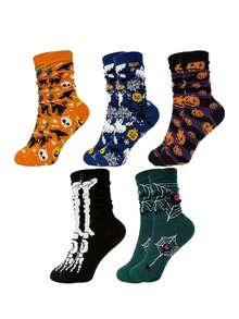 Halloween Socks For Big Men - 5 Pairs Or Single Pair, Pumpkin & Skeleton Cartoon Design, Mid-Calf, Fall/Winter, Available In US Sizes