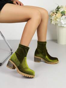 Fall/Winter Vintage Green Chunky High Heel Ankle Boots, Boots For Women - Olive Green - View 3