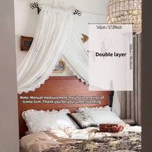 Elegant White Bohemian French Romantic Beaded Sheer Bed Canopy, Handmade Beaded Lace Headboard Curtain, Floral Ruffle Design With Stand Set, Cozy Bedroom Privacy Protection Curtain, Luxurious Jacquard Fabric, Polyester Curtain, Machine Washable, Bedding