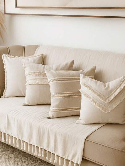 Kit de Capas de Almofadas Estilo Boho Decoração Natural Linho Cru Franjas