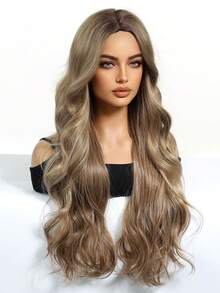 摩卡棕色 28 英寸长卷发合成假发，带刘海，女士耐热自然中分角色扮演派对洛丽塔婚礼假发，万圣节