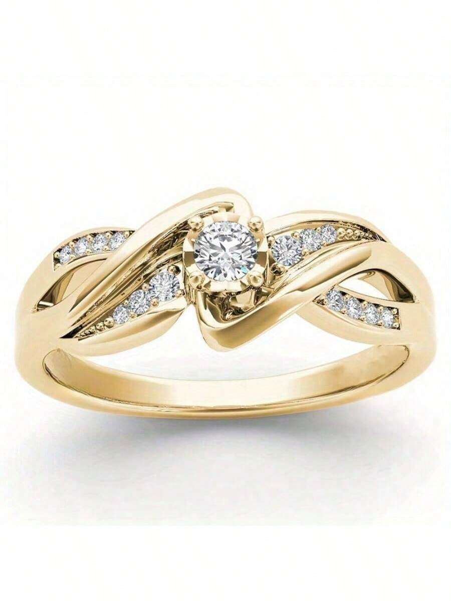 18k 镀金闪亮方晶锆石订婚戒指，优雅的承诺戒指，奢华的女士珠宝礼物 - 金色 - 查看 1