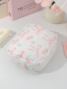 1 Pc Mini Floral Print Coin Purse Cute Cherry Pattern Makeup Pouch Portable Lipstick Storage Bag Soft Fabric Sanitary Pad Storage Bag Girly Wallet Purse Foam Quilted Make Up Bag Small Items Organizer Bag Charger Organizer Bag Headphone Organizer Bag Pink Bow Knot Travel Cosmetics Bag Mini Bag Coin Purse Napkin Pouch For Girl Purse Essentials Perfect Gift For Back To School Birthday Gifts Gifts Dorm Supplies School Supplies