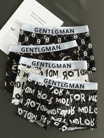 4pcs/Pack Men's Breathable Ice Silk Printed Letter Boxer Briefs