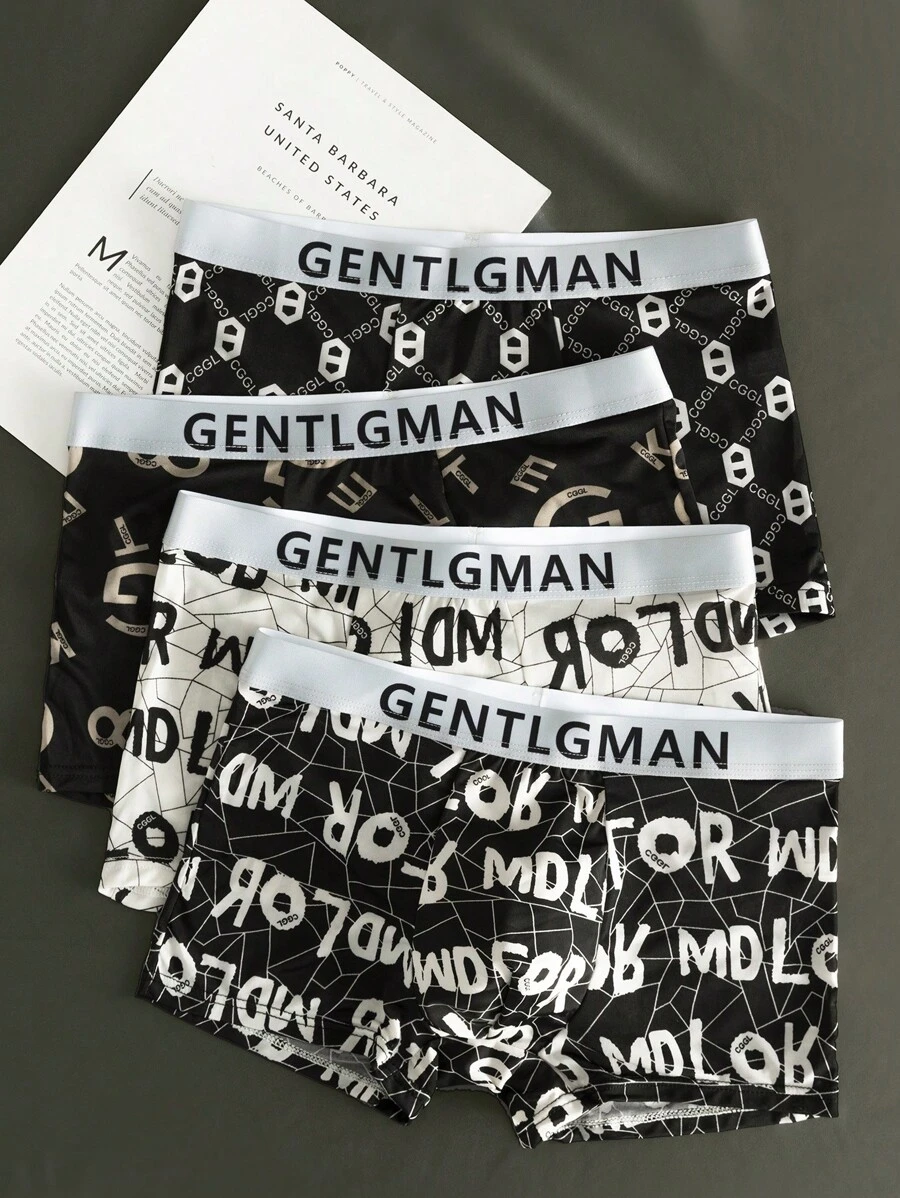 4pcs/Pack Men's Breathable Ice Silk Printed Letter Boxer Briefs