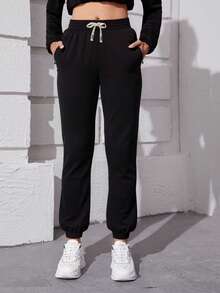 Women's Solid Color Fitness Running Workout Fashionable Outdoor Exercise Sheer Drawstring Elastic Waist With Cuffed Leg Pants, Girlfriend Style Gym Fitted Yoga Outdoor Workout Running Cycling Cropped Sport Trousers, Great Gift For Girlfriend