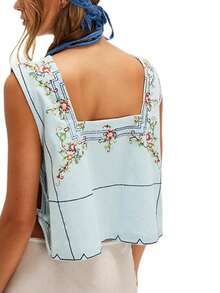Women Flower Embroidery Tank Top Vest Sleeveless Crewneck Side Slit Going Out Top Shirts Streetwear - 藍色 - 查看 4