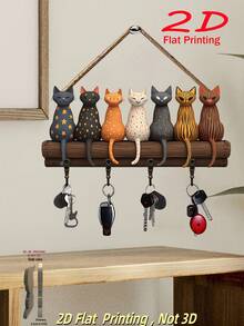 2D Flat, 1pc Imaginative Cat Shaped Keychain, Minimalist Colorful Wooden Key Holder Rack With 4 Metal Hooks, Entryway & Room Organizer, Perfect Housewarming Gift, Wall Decor, Entryway Decor, Room Decor, Villa Decor, Seasonal Home Decor - Multicolor - View 3