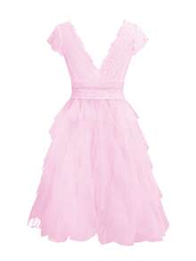 Look Polly Summer Women Dresses,Solid Color Lace Top And Mesh Skirt,Wedding Women Dresses Fall Women Clothes, Back To School Clothes,Party Women's Backless Dress Prom Dress,Elegant V-Neck Sleeveless Long Dress