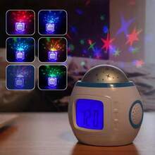 1pc Glowing Starry Sky Projection Clock With Music&Calendar Colorful Light Digital Alarm Clock Temperature Indicators Home Decor Room Decor - White - View 2