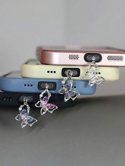 1pc New Butterfly Pearl Dust Plug, Faux Pearl And Diamond Decor, Ombre Butterfly Phone Dust Plug, Phone Dust Plug Accessory
