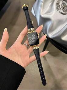 1 Young And Fashionable Women's Watch Strap, Black Leather, Soft And Comfortable, Ultra-Thin And Slender Women's Watch Strap Ultra3 2 1 SE S10 /S9 /S8 /S7 /S6/ S5/ S4/ S3 /S2/ S1 Series Global Hot New Product Golden Metal Decoration Black Leather Strap 38 Mm40mm42mm44mm45mm46mm49mm Compatible With Watch Band Smart Watches Accessories Wristwatch - Black - View 2