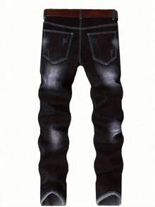 男士弹力紧身黑色牛仔裤，休闲时尚常规版型 - 黑色 - 查看 2