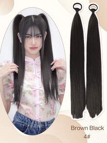 2 件 18 英寸 Yaki 直马尾接发，带弹力扎带，耐扎合成假发，马尾接发，假马尾假发，适合女性日常佩戴，黑色/棕色 - 彩色 - 查看 9