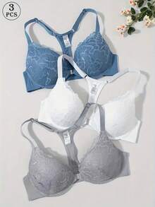 3件套女士性感蕾丝内衣套装，钢圈设计，前扣式，美背设计，舒适文胸 - 彩色 - 查看 4