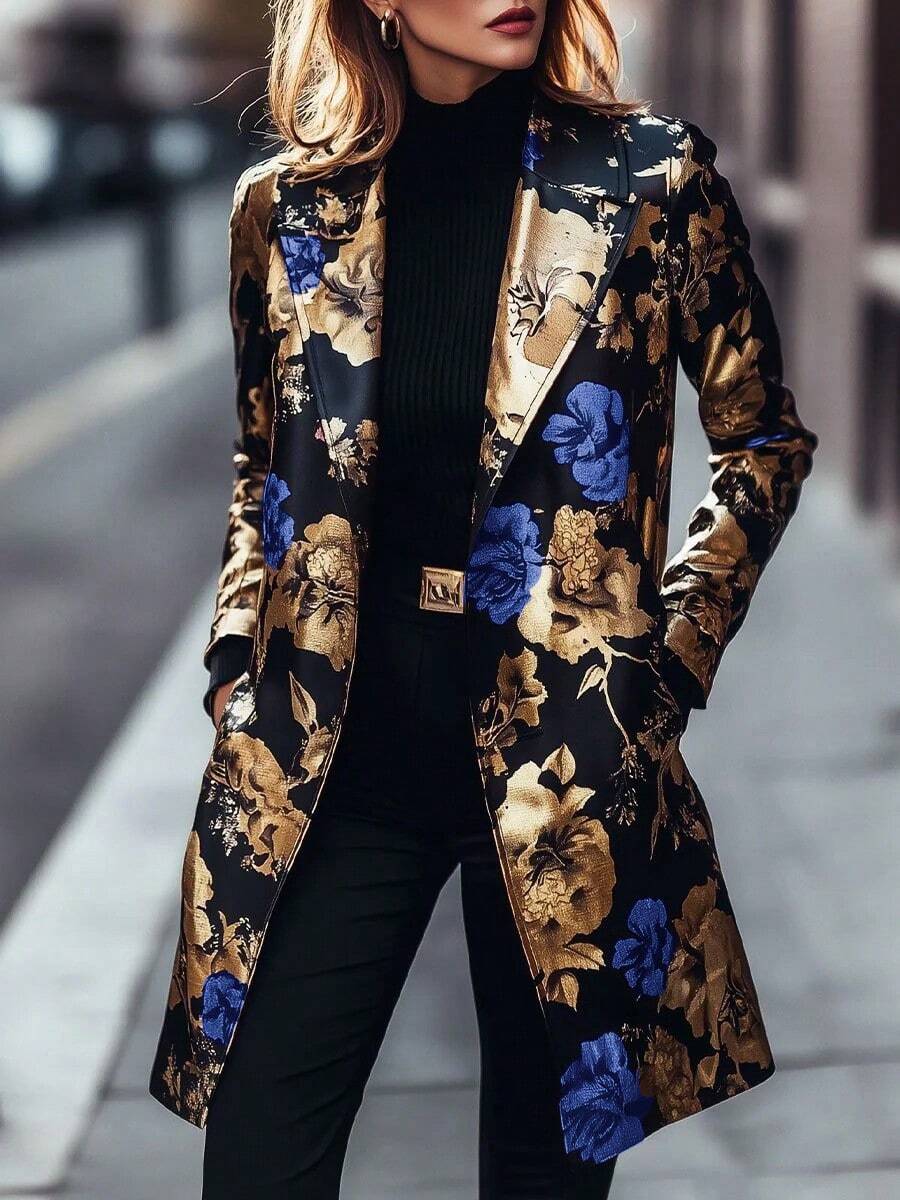 Long-Sleeved Floral Pattern Single-Breasted Suit Jacket - 藍色 - 查看 1