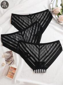 3pcs/Set Solid Color Lace Patchwork Mesh Butterfly Stripe Leopard Print Comfortable Breathable Sexy Women's Underwear Set