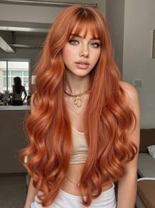橙色修剪劉海波浪假髮 - 耐熱合成纖維，適合日常穿著和派對婚禮！