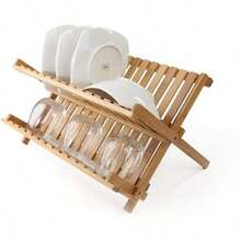 Escurreplatos de bambú, escurreplatos de bambú de 2 niveles, escurreplatos plegable y enrollable para encimera de cocina, escurreplatos de madera de Natural