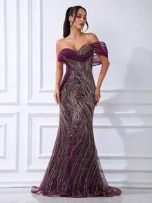 Elegant Purple Mermaid Sequined Strapless Beaded Long Fitted Evening Gown, Suitable For Parties - Purple - View 1