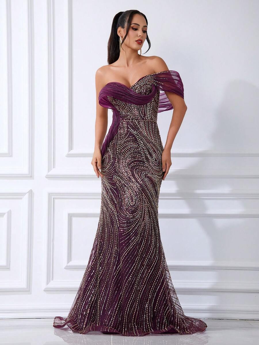 Elegant Purple Mermaid Sequined Strapless Beaded Long Fitted Evening Gown, Suitable For Parties - Purple - View 1