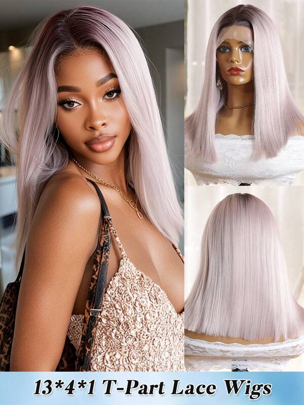 (Ombre Multicolor)T-Part Lace Wigs 13*4*1 Synthetic Fiber Imported From Japan 12Inch Straight Short Wigs With Baby Hair With Bob Synthetic Fiber Heat-Resistant Wig Elastic Mesh Cap Suitable For All People Gatherings, High-Quality Women's Natural And Beautiful Synthetic Soft Fake Fiber Hair Christmas Music Festival Mother's Day Father's Day Valentine's Day