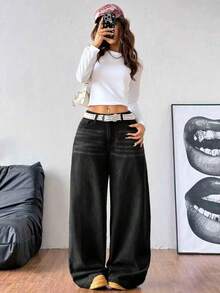 Teen Girls' Black Pocketed Wide Leg Loose Casual Versatile Jeans - Black - View 4