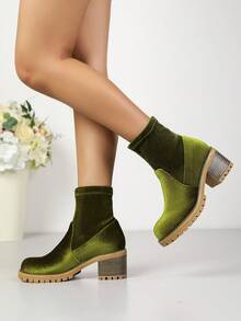 Fall/Winter Vintage Green Chunky High Heel Ankle Boots, Boots For Women - Olive Green - View 7